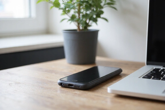 Zdjęcie przedstawiające nowoczesny telefon komórkowy i otwarty laptop na biurku, symbolizujące łatwość kontaktu.